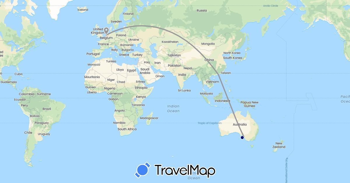 TravelMap itinerary: driving, plane in Australia, China, Netherlands (Asia, Europe, Oceania)